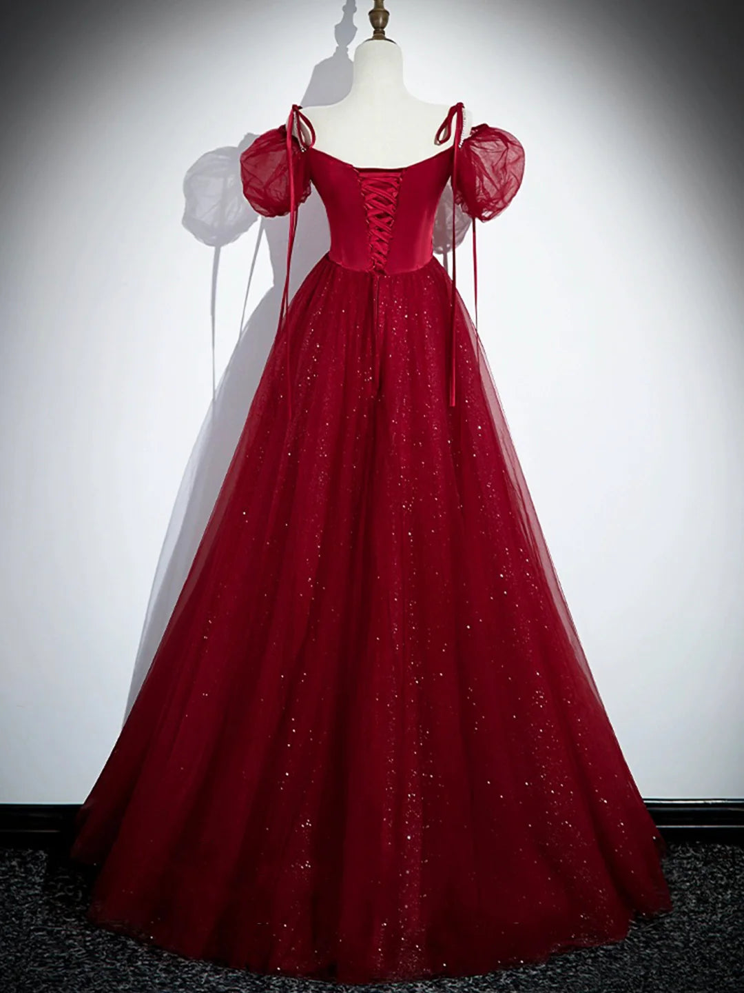 Elegant Off the Shoulder Burgundy Satin Tulle Long Prom Dress Party Dress
