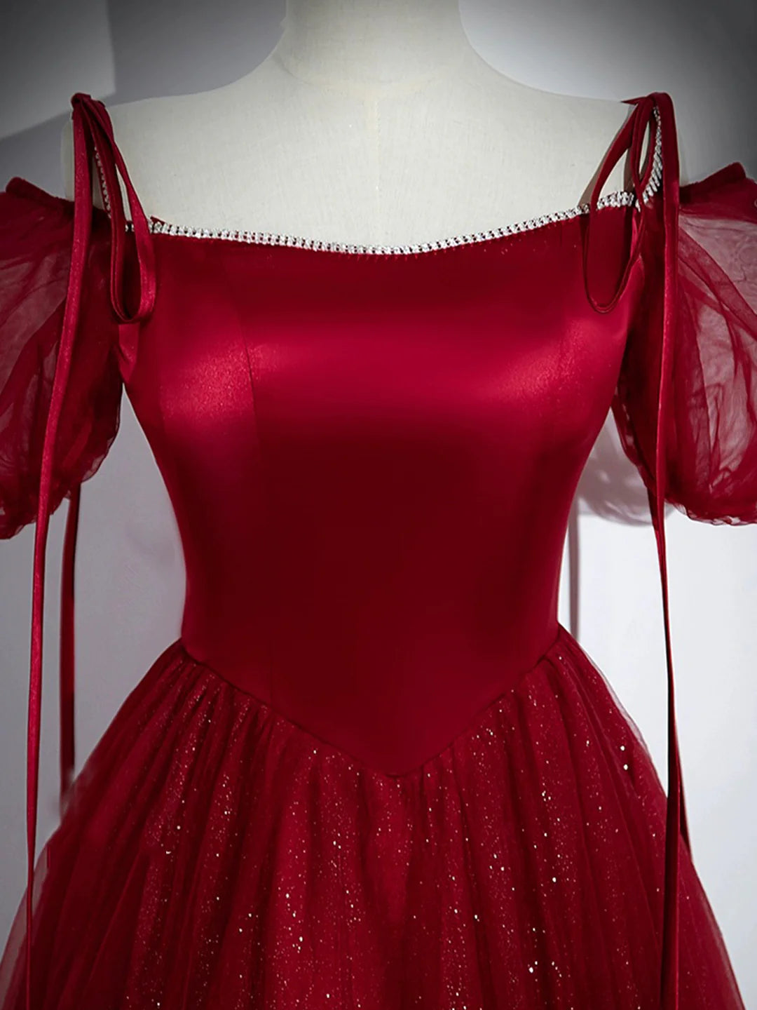 Elegant Off the Shoulder Burgundy Satin Tulle Long Prom Dress Party Dress