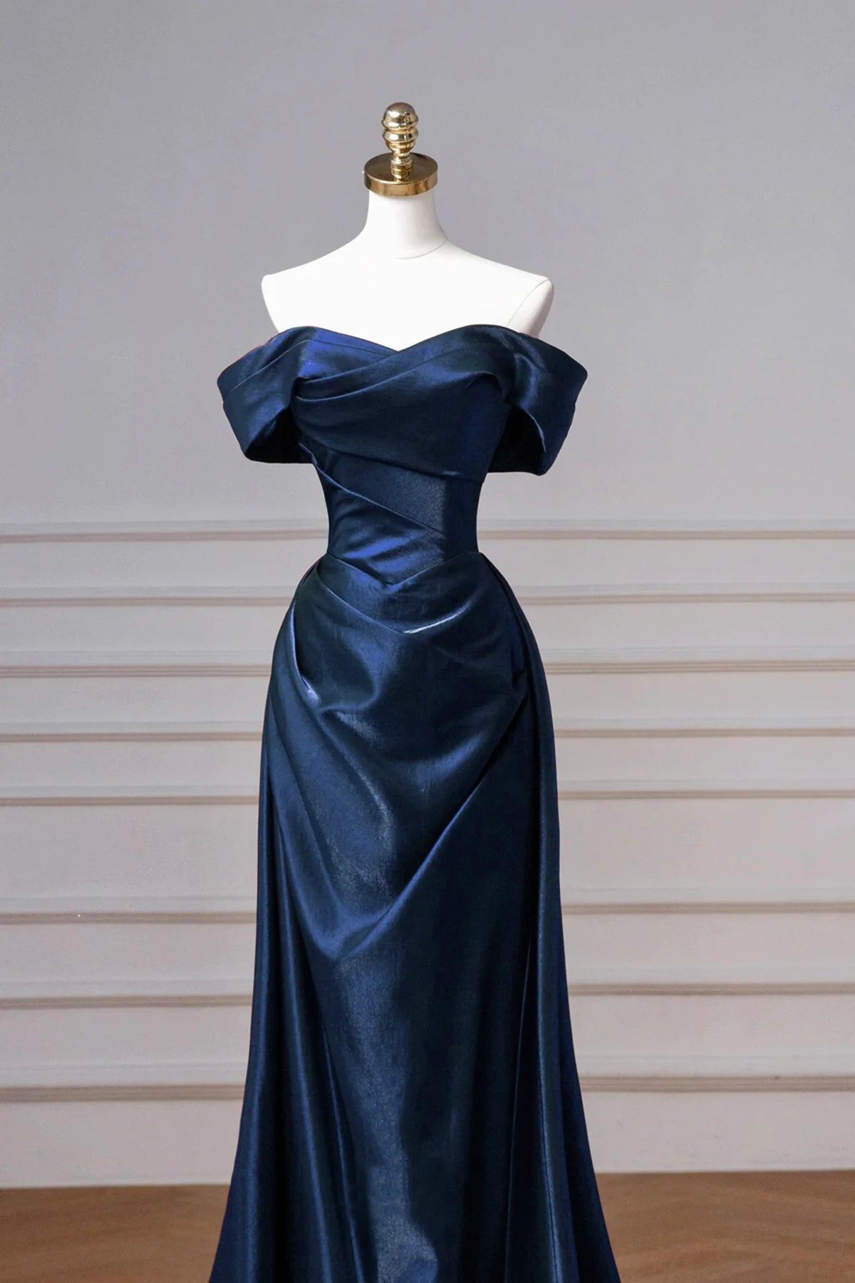 Elegant Off the Shoulder Navy Satin Long Prom Dress Party Dress