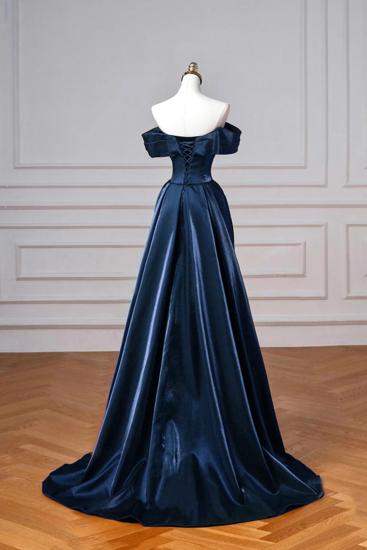 Elegant Off the Shoulder Navy Satin Long Prom Dress Party Dress
