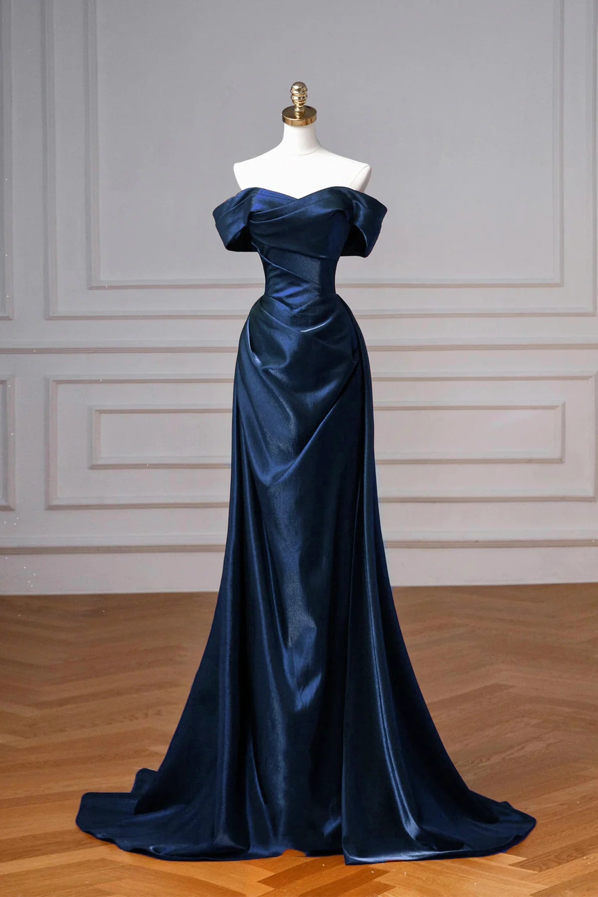Elegant Off the Shoulder Navy Satin Long Prom Dress Party Dress