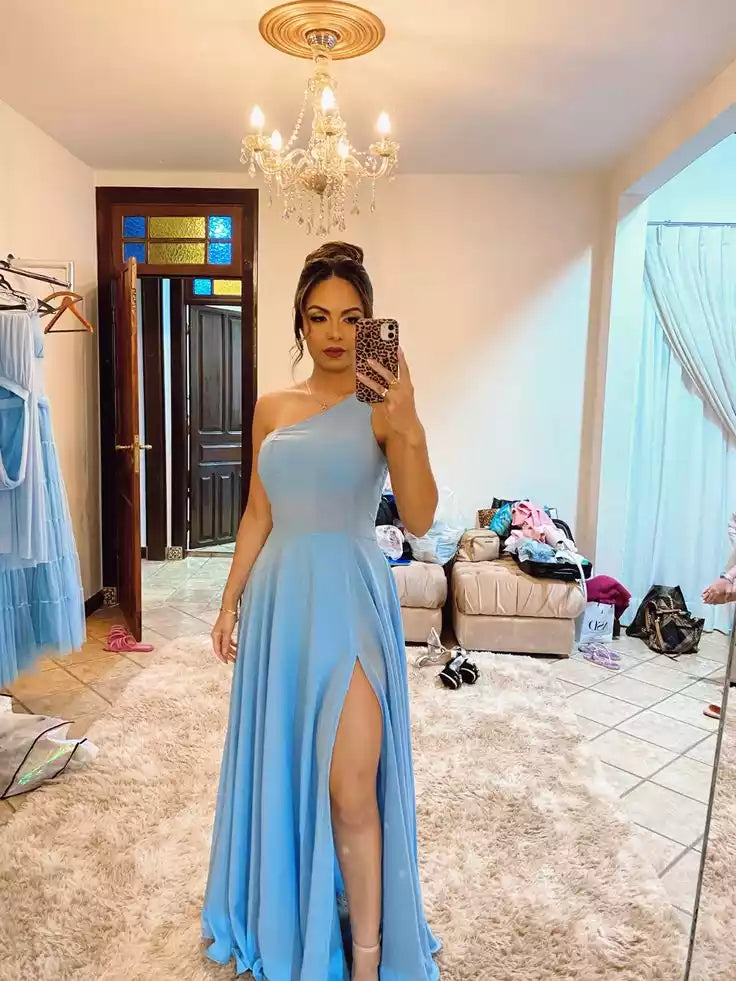 Elegant One Shoulder sleeveless Blue Prom Dress With Slit Blue Bridesmaid Dress