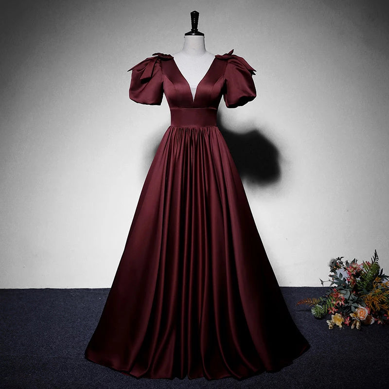 Elegant Red  A-line Black Satin Short Sleeve V Neck Lace Up Floor Length Evening Dress Party Dresses Prom Dress