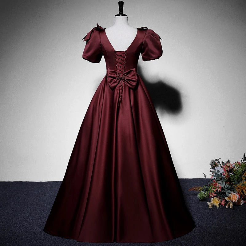 Elegant Red  A-line Black Satin Short Sleeve V Neck Lace Up Floor Length Evening Dress Party Dresses Prom Dress