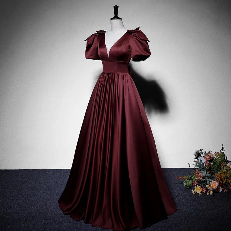 Elegant Red  A-line Black Satin Short Sleeve V Neck Lace Up Floor Length Evening Dress Party Dresses Prom Dress