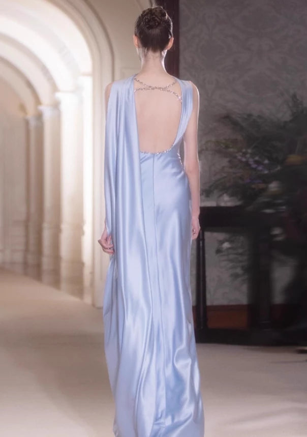 Elegant Sheath Beaded Lilac Satin Open Back Floor length Wedding Dress Prom Dress Cocktail Dress Homecoming Dress Evening Dress Party Dress