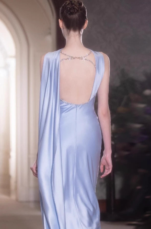 Elegant Sheath Beaded Lilac Satin Open Back Floor length Wedding Dress Prom Dress Cocktail Dress Homecoming Dress Evening Dress Party Dress