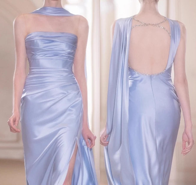 Elegant Sheath Beaded Lilac Satin Open Back Floor length Wedding Dress Prom Dress Cocktail Dress Homecoming Dress Evening Dress Party Dress