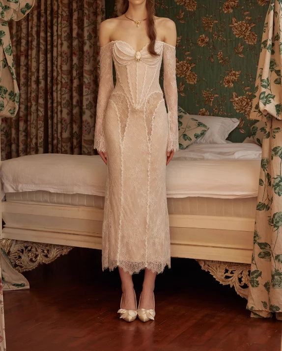 Elegant Sheath Long Sleeve Lace Long Sleeve Off-the-shoulder Floor length Prom Dress Cocktail Dress Homecoming Dress Evening Dress