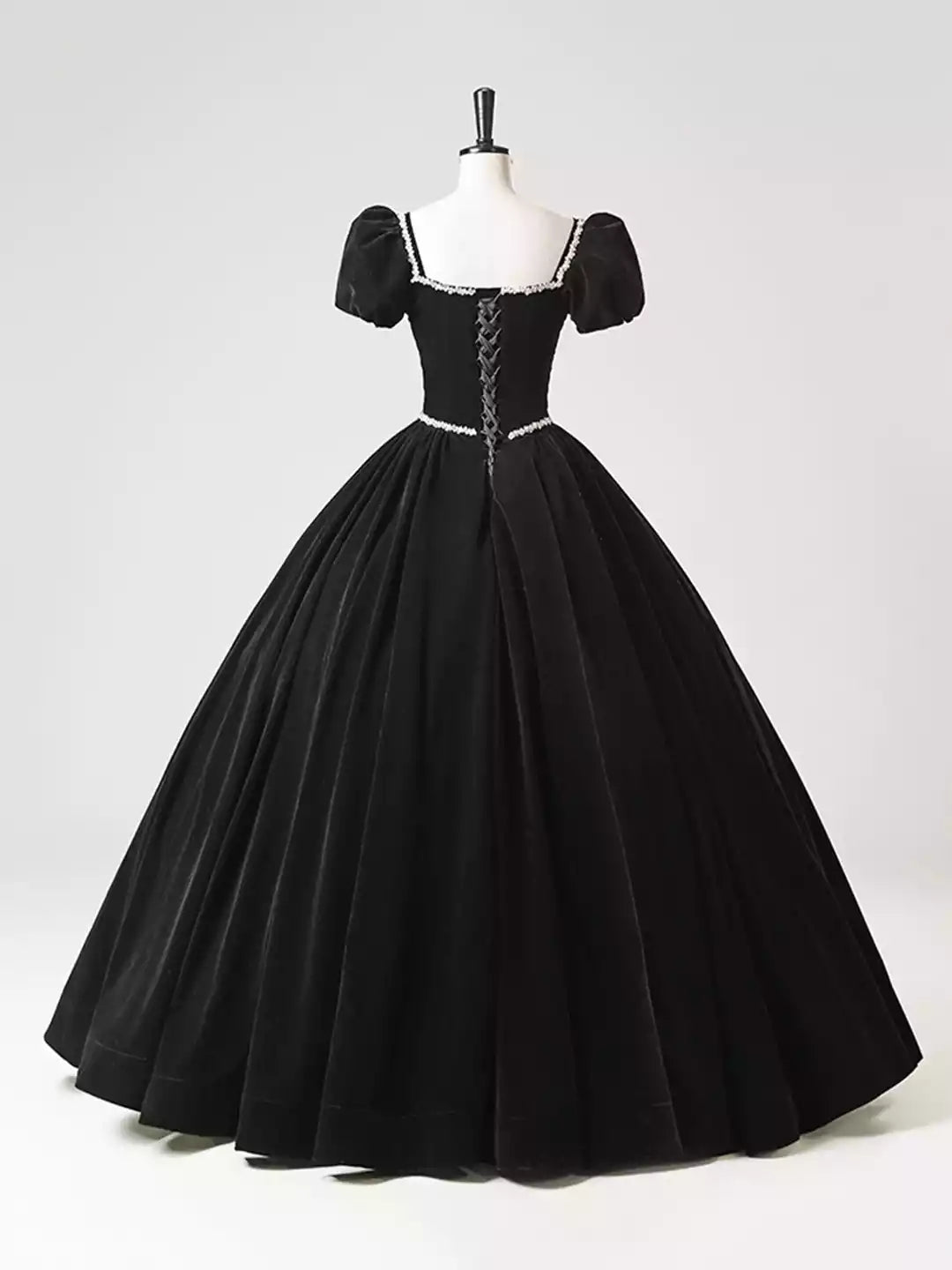 Elegant Short Sleeve Black Velvet Long A-Line Prom Dress Formal Evening Dress