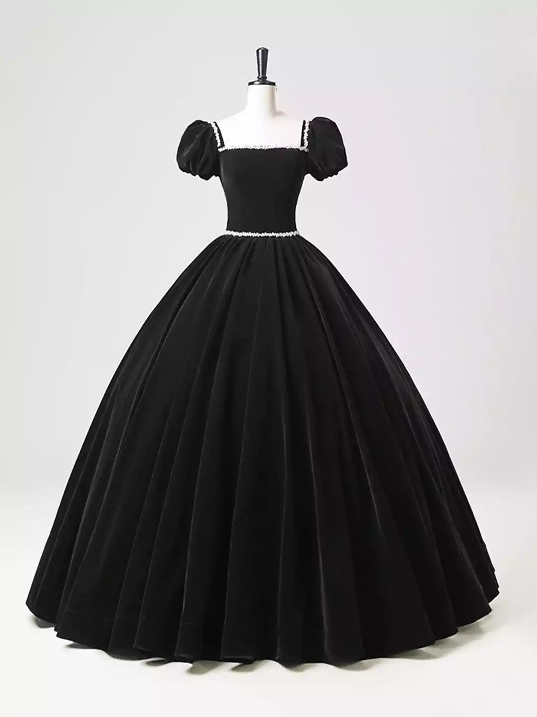 Elegant Short Sleeve Black Velvet Long A-Line Prom Dress Formal Evening Dress