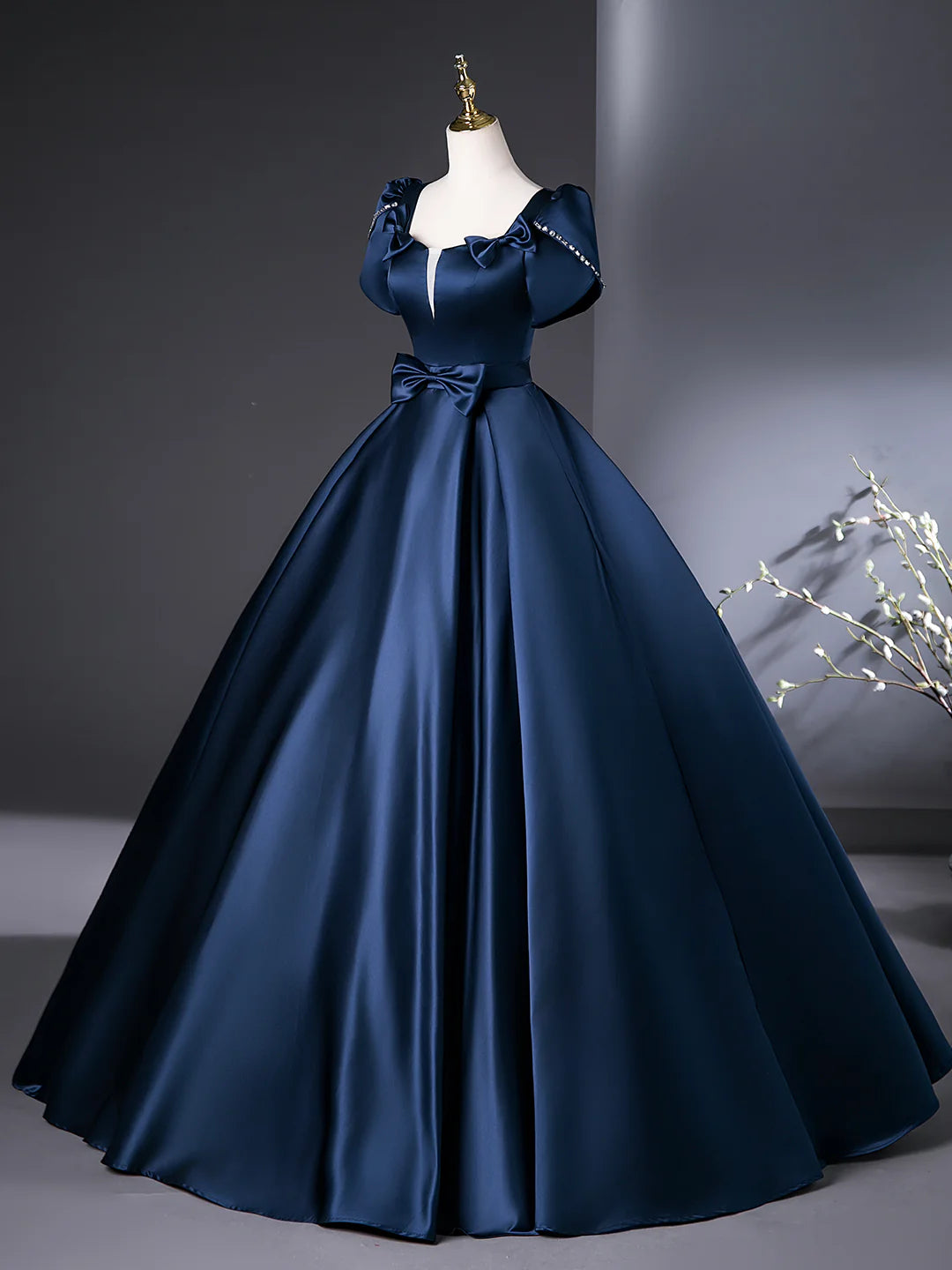 Elegant Short Sleeve Blue Satin Long Prom Dress Evening Party Dress