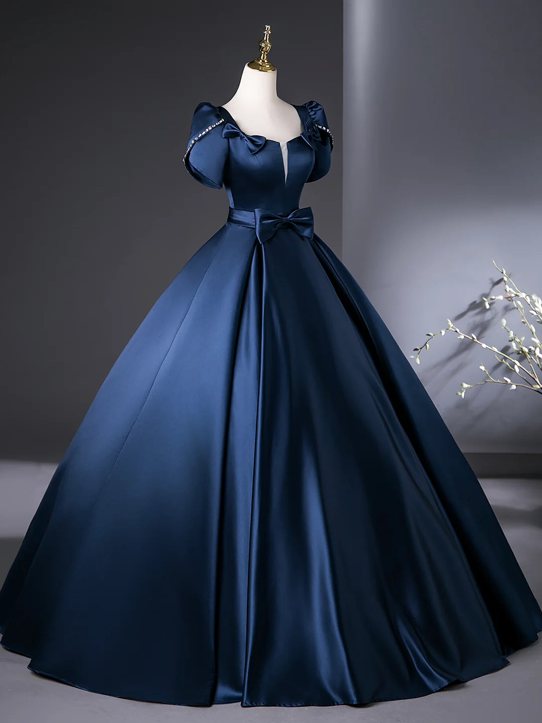 Elegant Short Sleeve Blue Satin Long Prom Dress Evening Party Dress