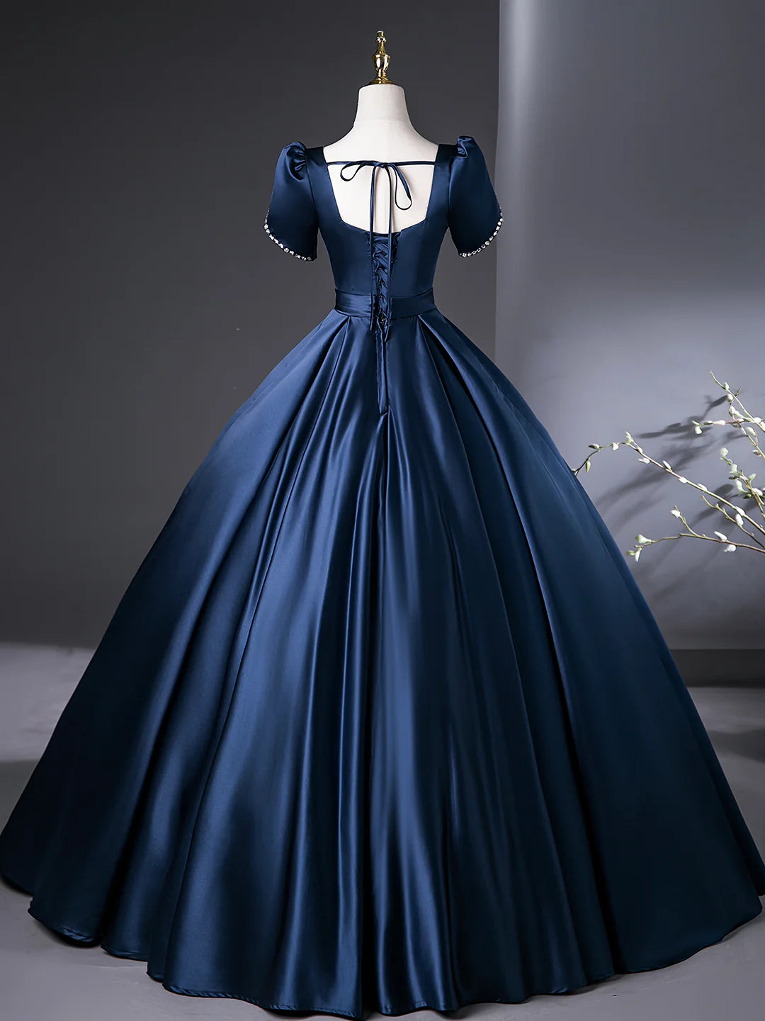 Elegant Short Sleeve Blue Satin Long Prom Dress Evening Party Dress