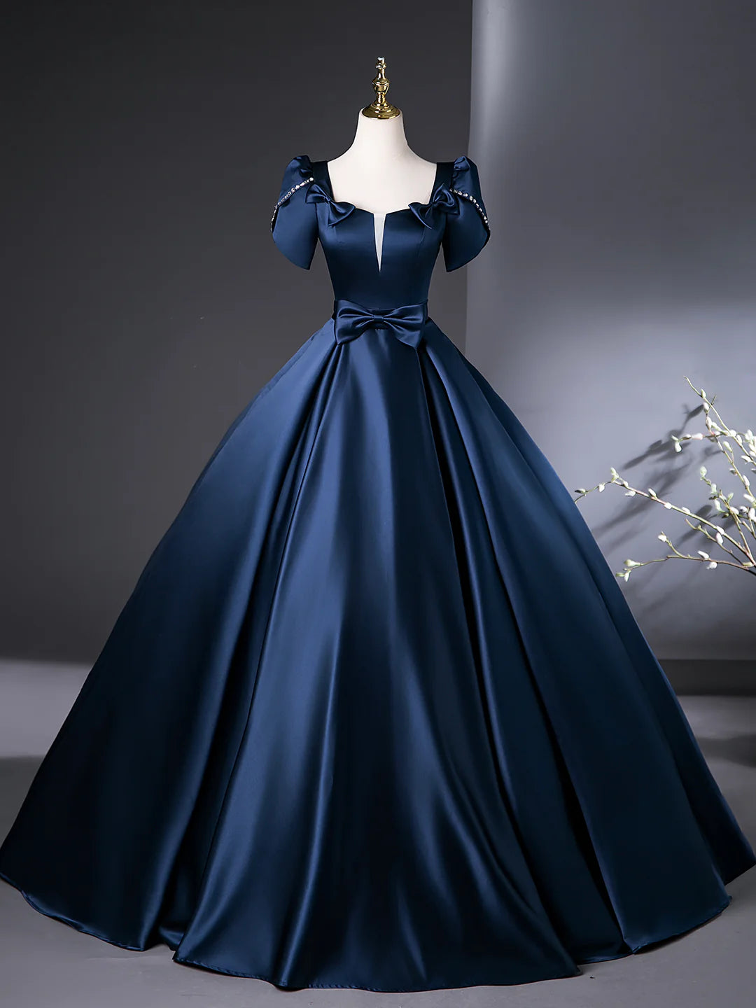 Elegant Short Sleeve Blue Satin Long Prom Dress Evening Party Dress