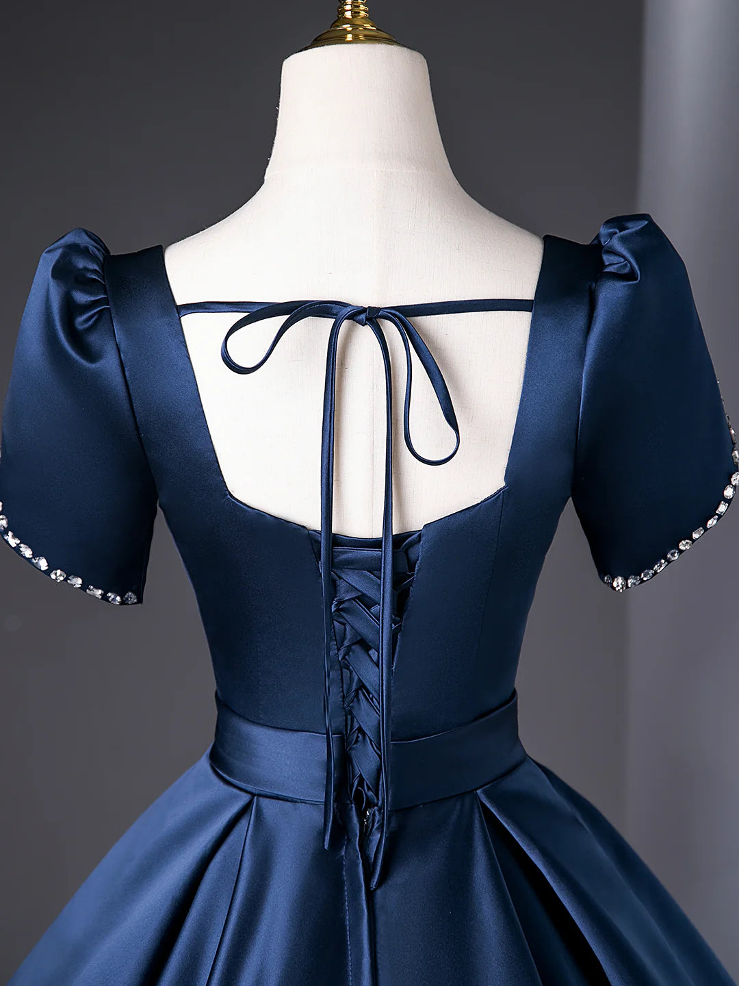 Elegant Short Sleeve Blue Satin Long Prom Dress Evening Party Dress