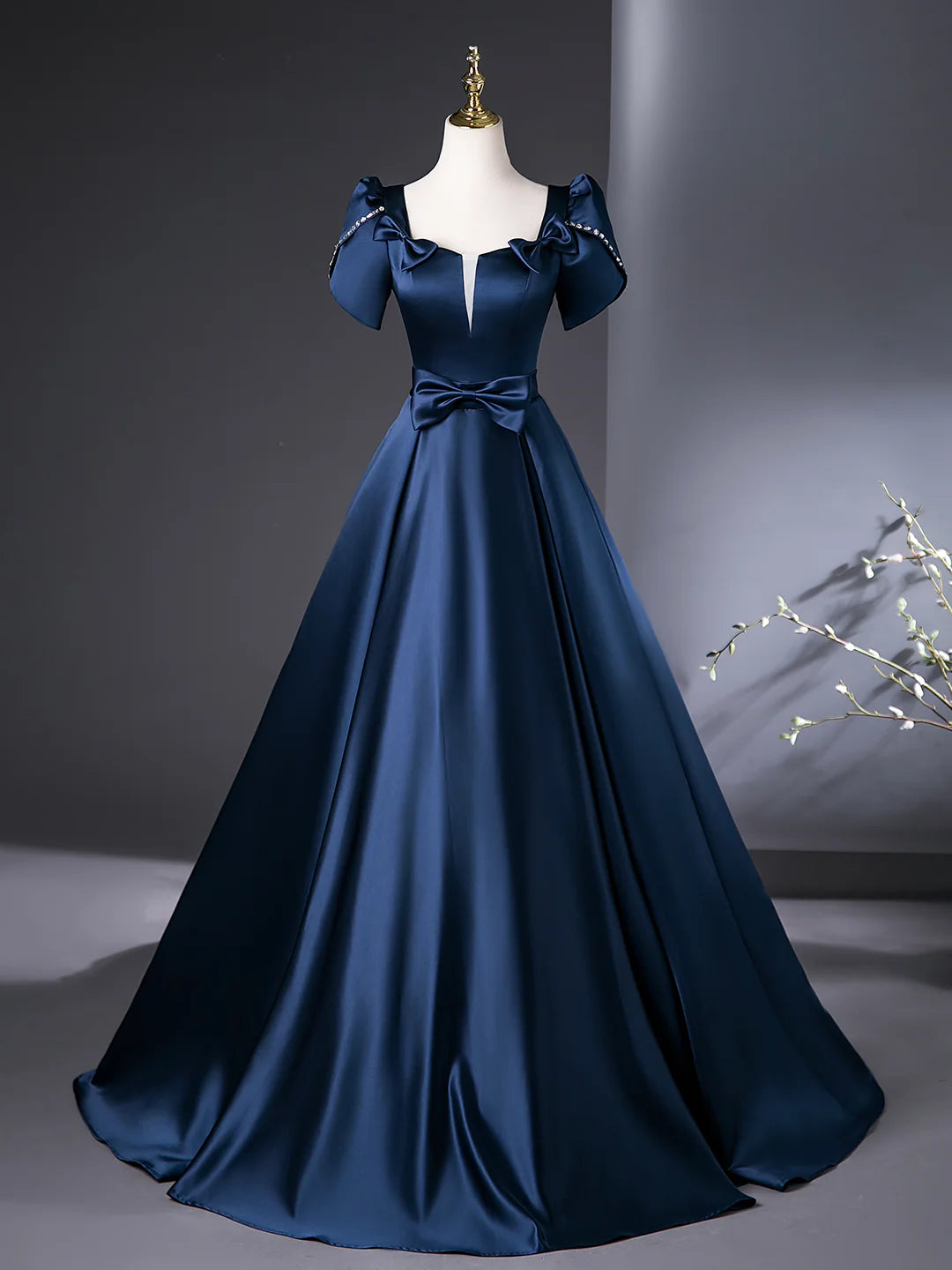 Elegant Short Sleeve Blue Satin Long Prom Dress Evening Party Dress