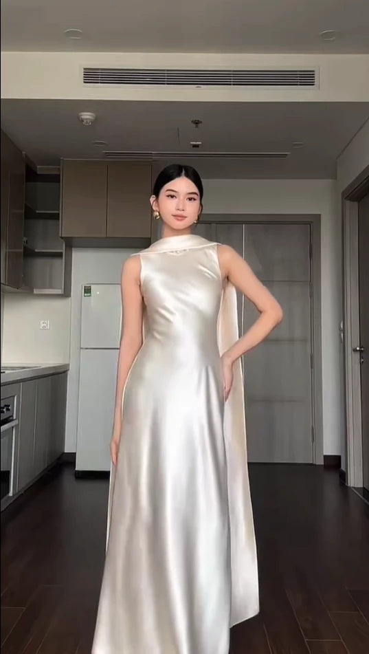 Elegant Sleeveless Ivory Satin Long Prom Dress Party Dress Cocktail Dress Homecoming Dress Evening Dress