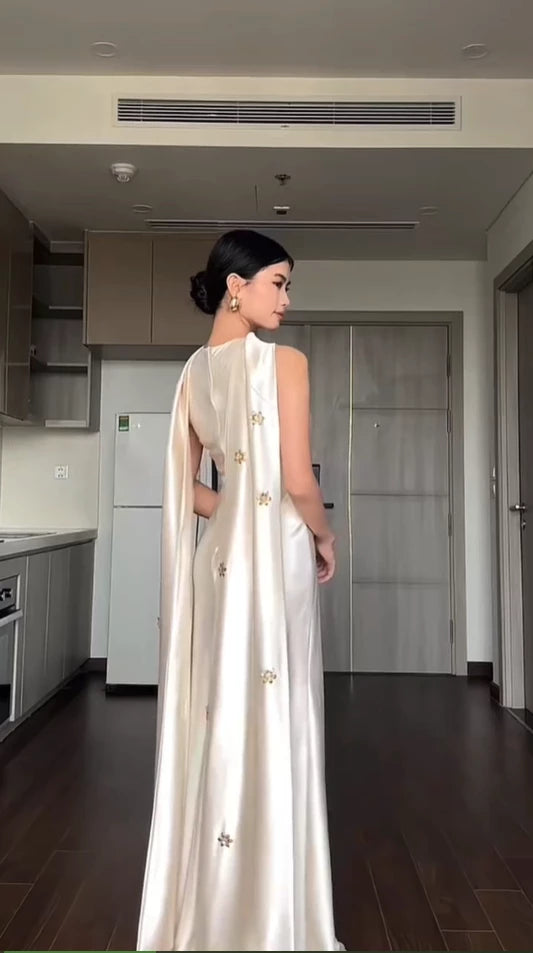 Elegant Sleeveless Ivory Satin Long Prom Dress Party Dress Cocktail Dress Homecoming Dress Evening Dress