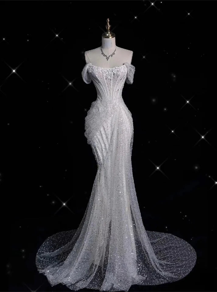 Elegant Sparkling Sequin Mermaid Design Off-the-shoulder Princess  Evening Dress Wedding Dress