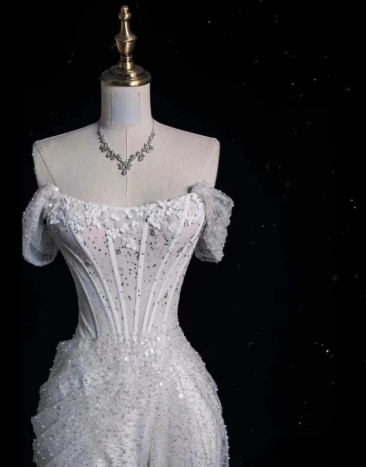 Elegant Sparkling Sequin Mermaid Design Off-the-shoulder Princess  Evening Dress Wedding Dress