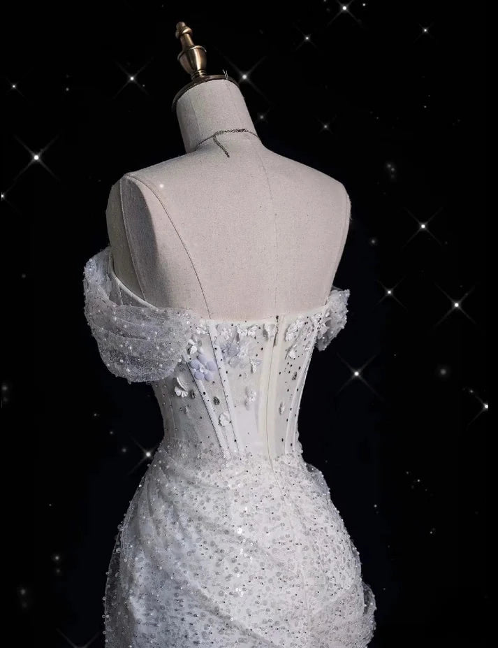 Elegant Sparkling Sequin Mermaid Design Off-the-shoulder Princess  Evening Dress Wedding Dress