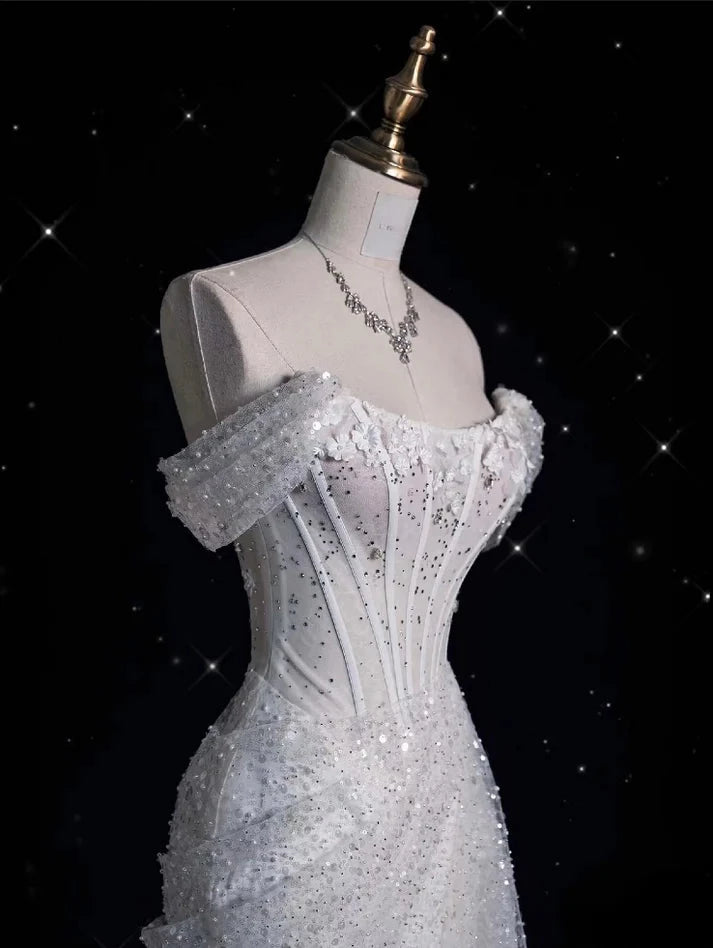 Elegant Sparkling Sequin Mermaid Design Off-the-shoulder Princess  Evening Dress Wedding Dress