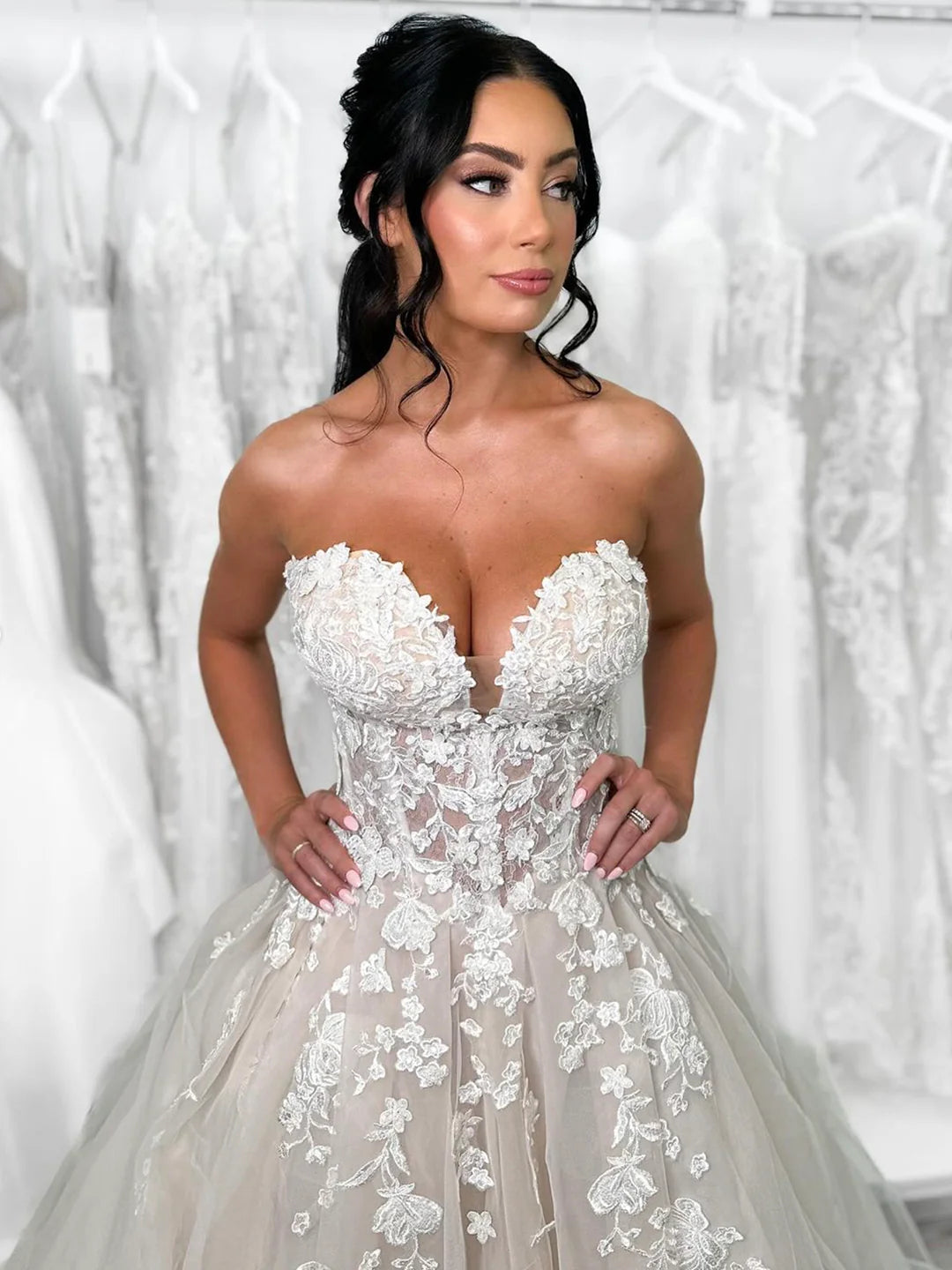 Elegant Strapless Champagne Tulle Lace Long Prom Dress  Formal Party Dress Wedding Dresses