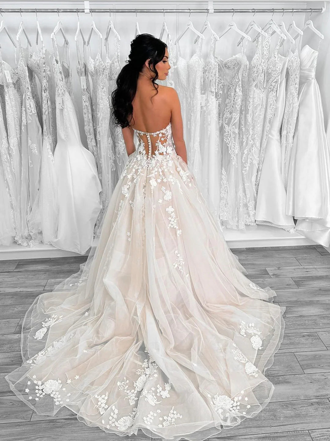 Elegant Strapless Champagne Tulle Lace Long Prom Dress  Formal Party Dress Wedding Dresses