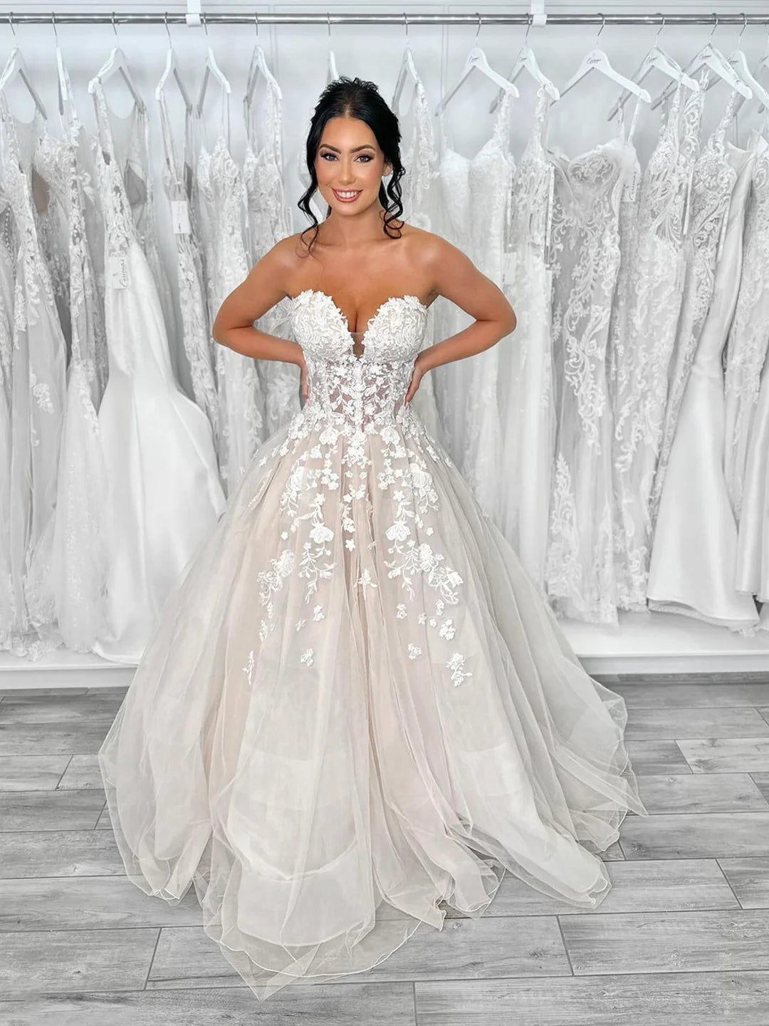 Elegant Strapless Champagne Tulle Lace Long Prom Dress  Formal Party Dress Wedding Dresses