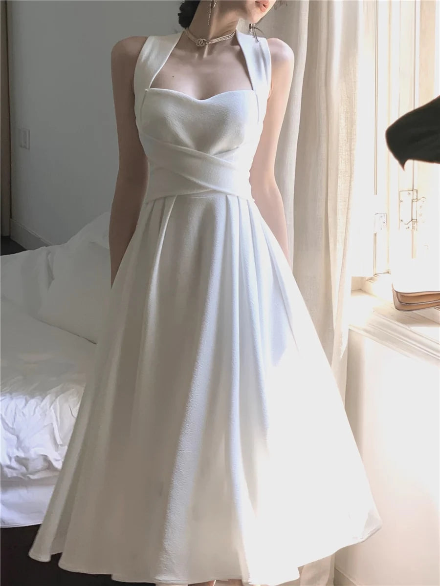 Elegant White A-Line Midi Length Halter-neck Sleeveless Party Dress Cocktail Dress Homecoming Dress Evening Dress