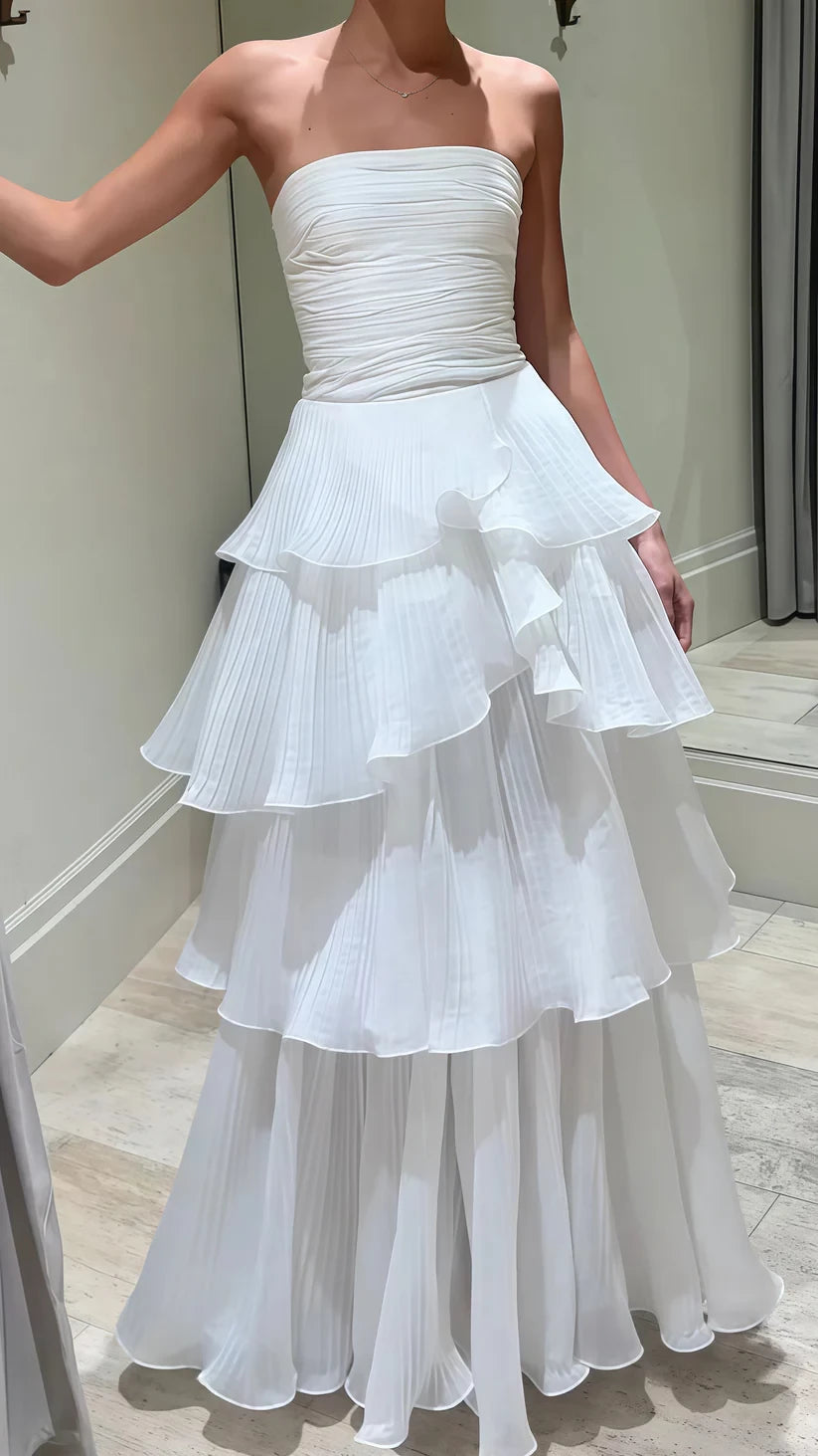 Elegant White Strapless Pleated A-Line Chiffon Long Party Dress Cocktail Dress Homecoming Dress Evening Dress