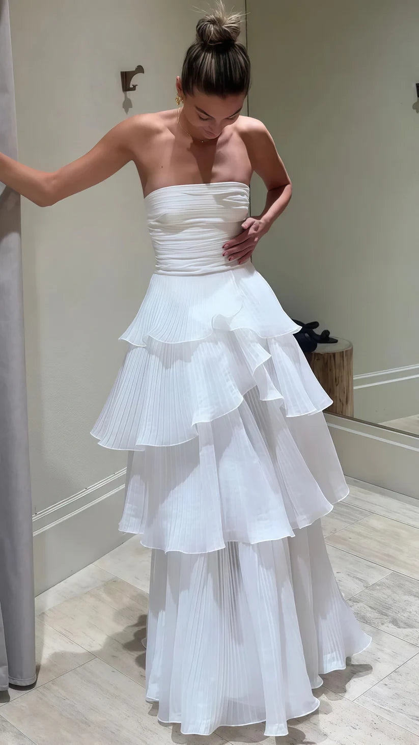 Elegant White Strapless Pleated A-Line Chiffon Long Party Dress Cocktail Dress Homecoming Dress Evening Dress