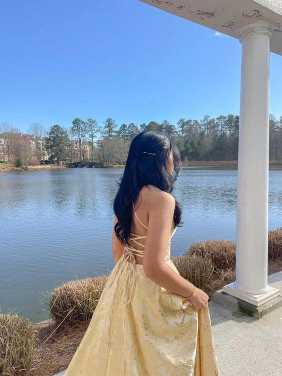 Elegant Yellow A-Line Long Prom Dress Party Dress Cocktail Dress Homecoming Dress Evening Dress