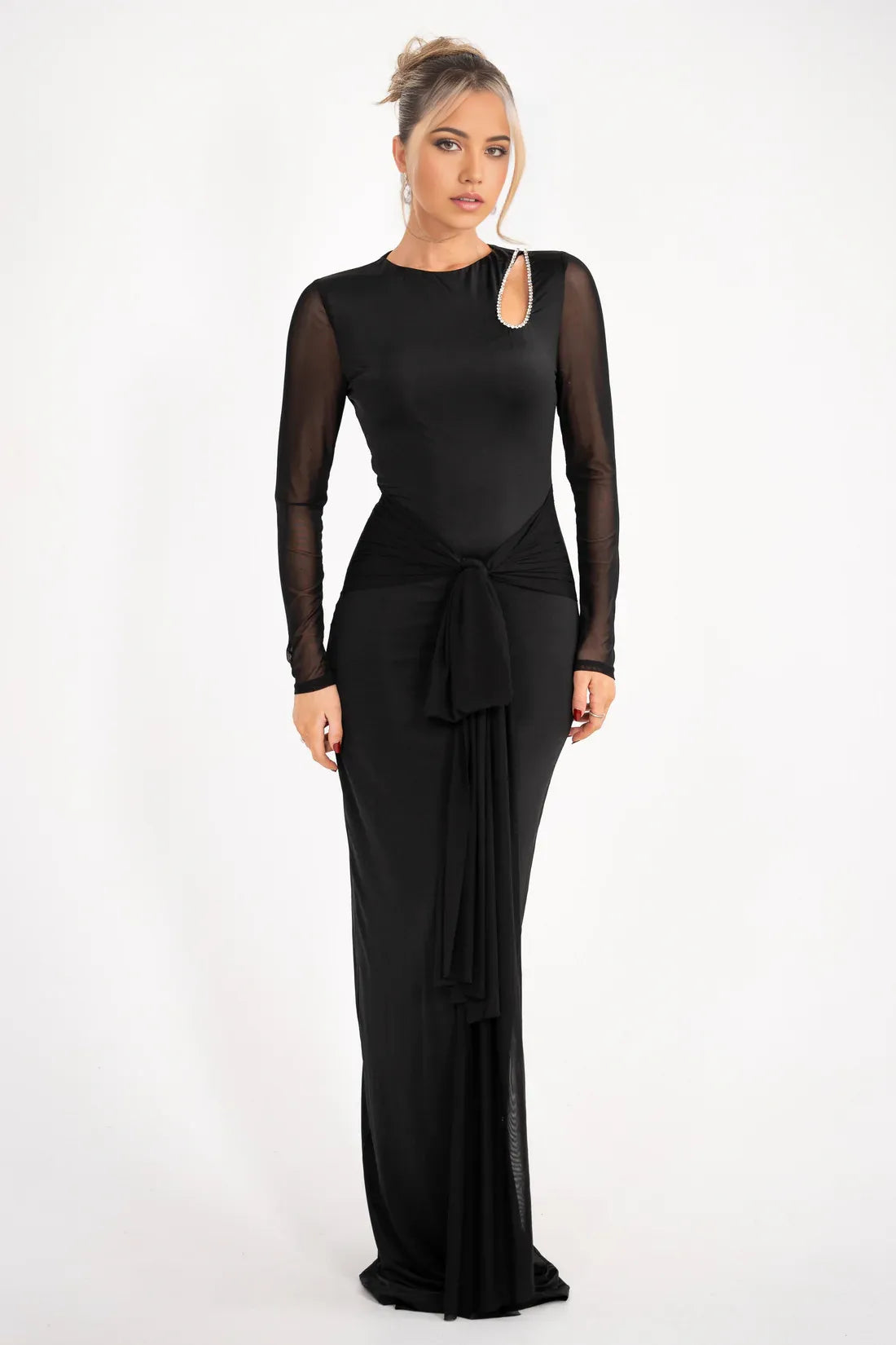 Embellished Cutout Sheath Crew Neck Mesh Sleeve Zipper Back Floor Length Prom Dress