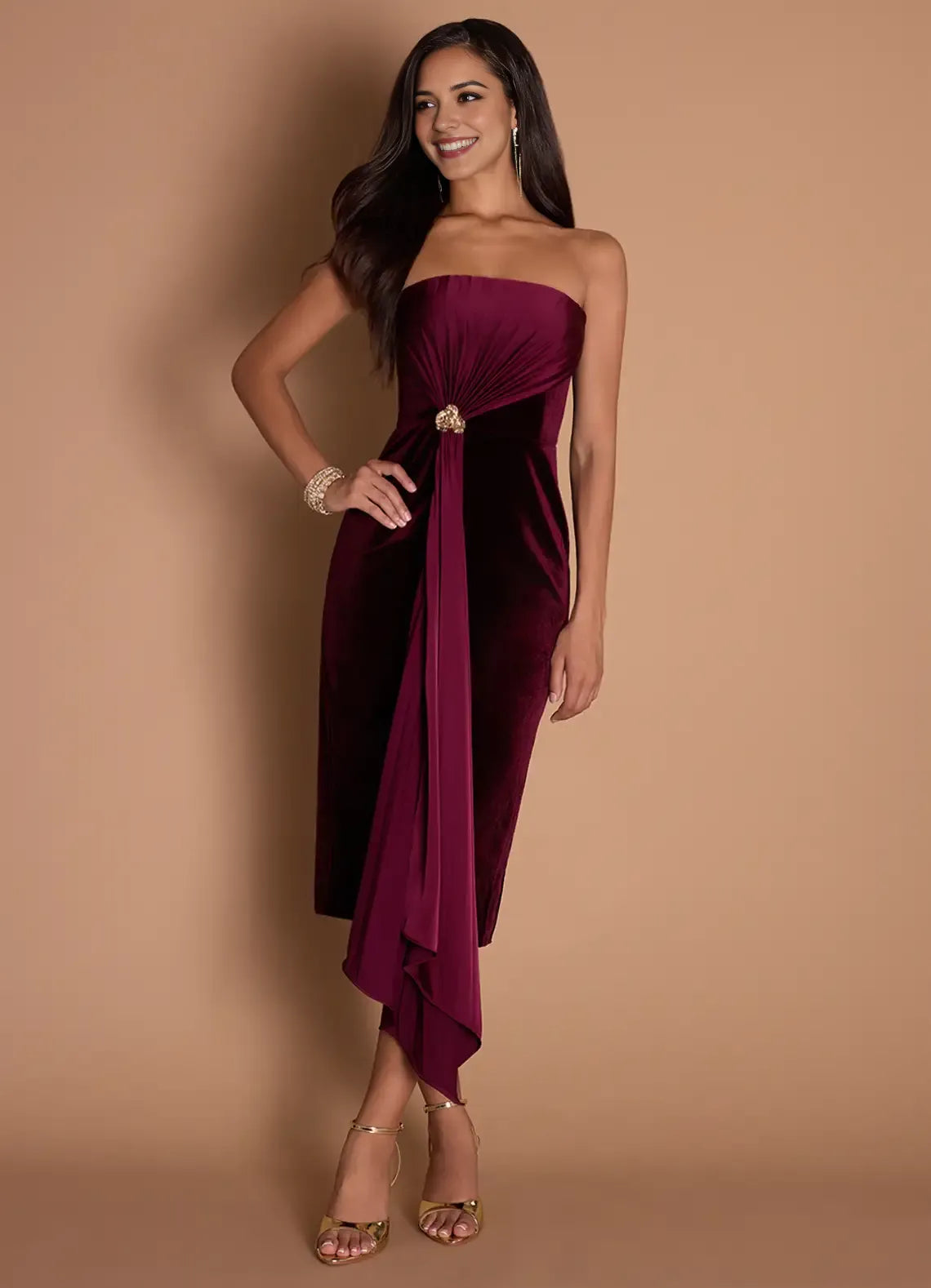 Embellished Waist Strapless Velvet Sheath Asymmetrical Hem Midi Length For Women Prom Dress