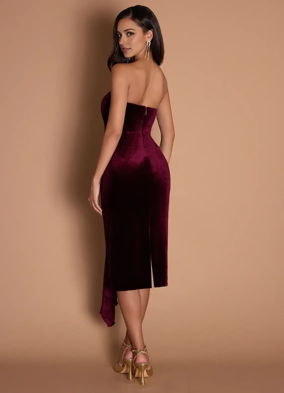 Embellished Waist Strapless Velvet Sheath Asymmetrical Hem Midi Length For Women Prom Dress