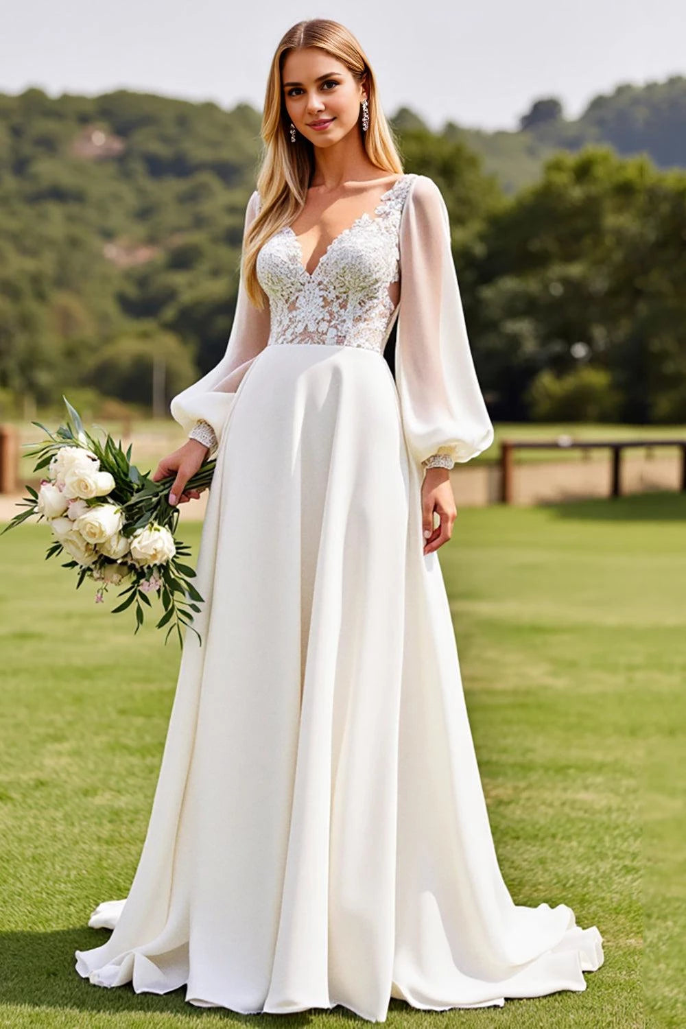 Enchanting A Line Deep V Neck Bishop Sleeve Lace Back Floor Length Wedding Dress