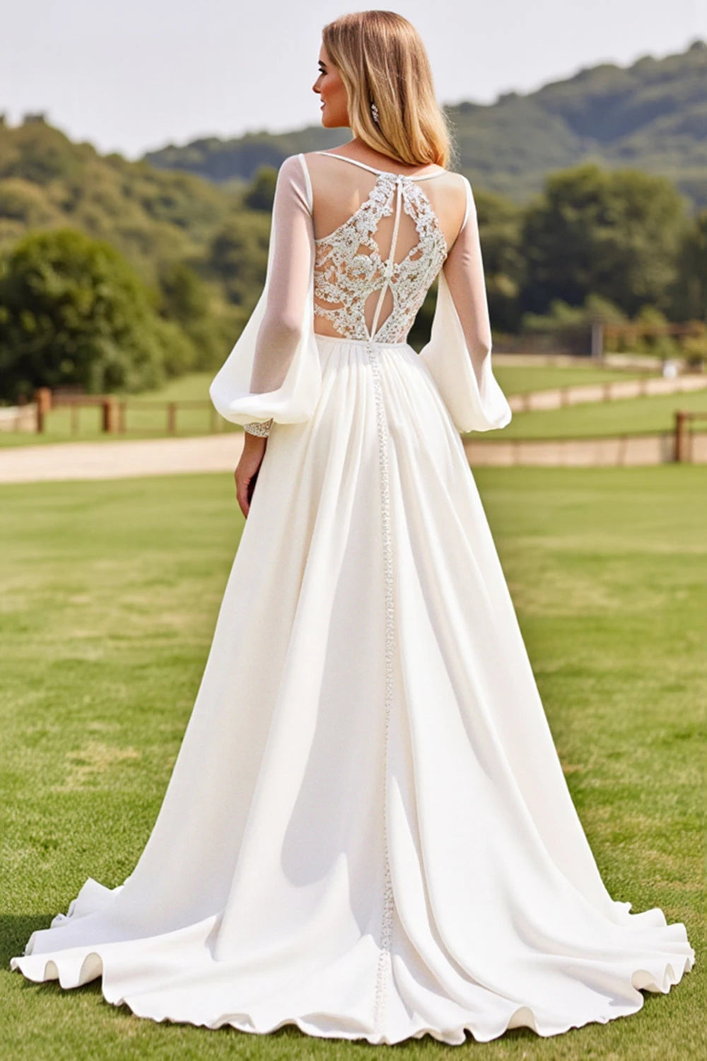 Enchanting A Line Deep V Neck Bishop Sleeve Lace Back Floor Length Wedding Dress