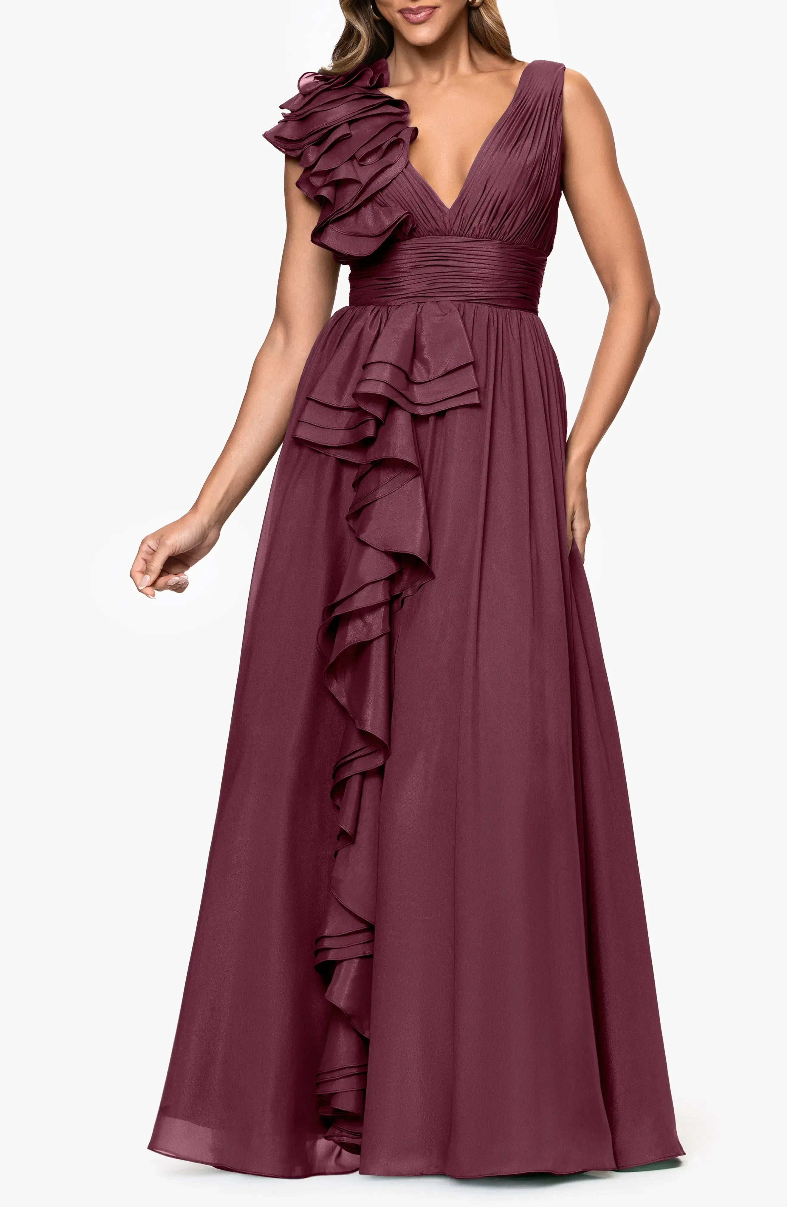 Enchanting A Line Deep V Neck Ruffle Accent Sleeveless Open Back Floor Length Evening Dress
