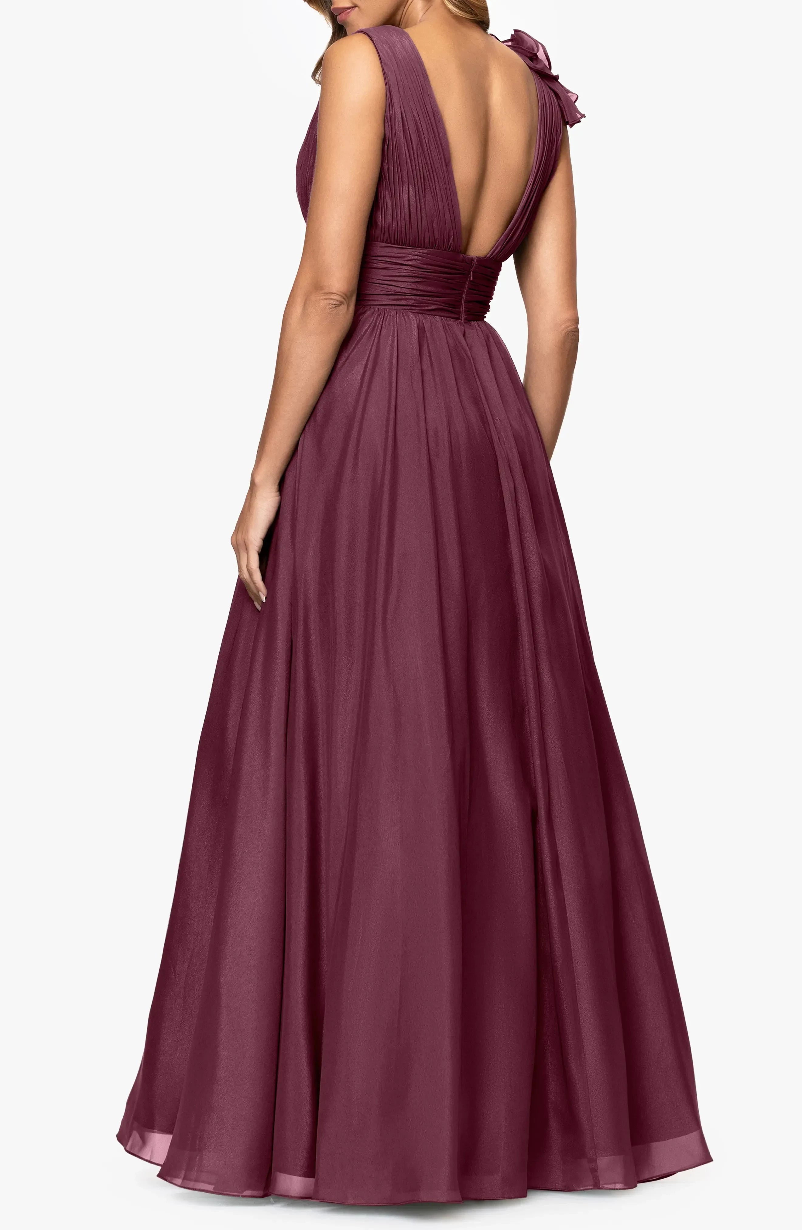 Enchanting A Line Deep V Neck Ruffle Accent Sleeveless Open Back Floor Length Evening Dress