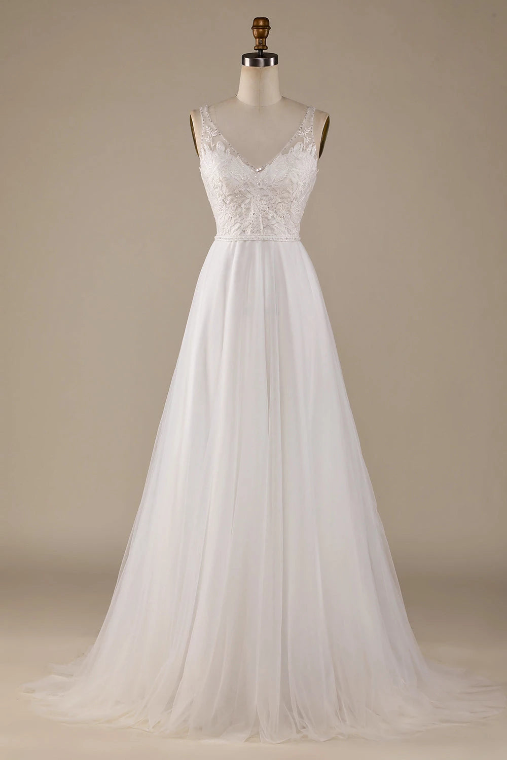 Enchanting A Line Deep V Neck Sleeveless Open Back Floor Length Wedding Dress