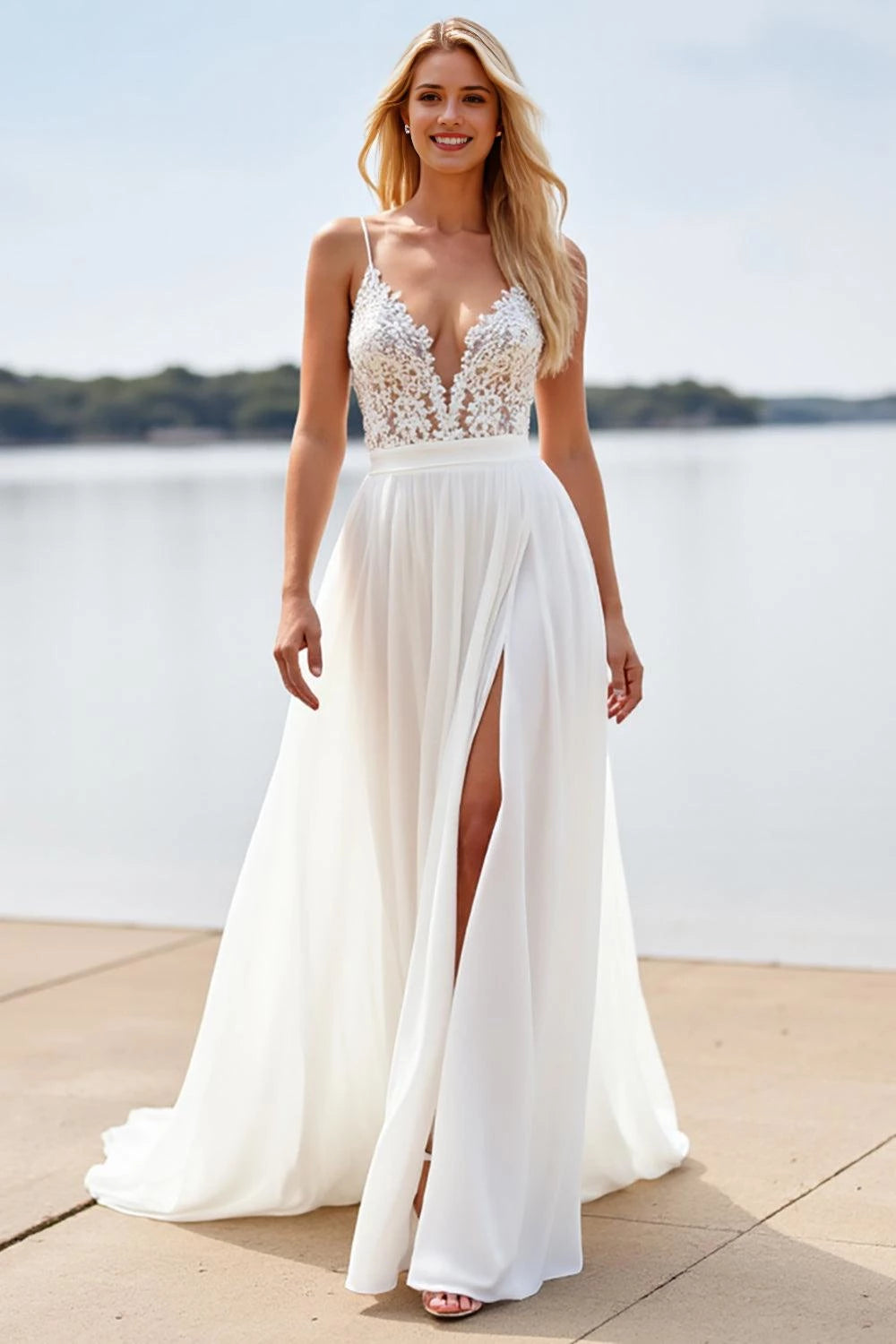 Enchanting A Line Deep V Neck Spaghetti Strap Lace Back Floor Length Wedding Dress