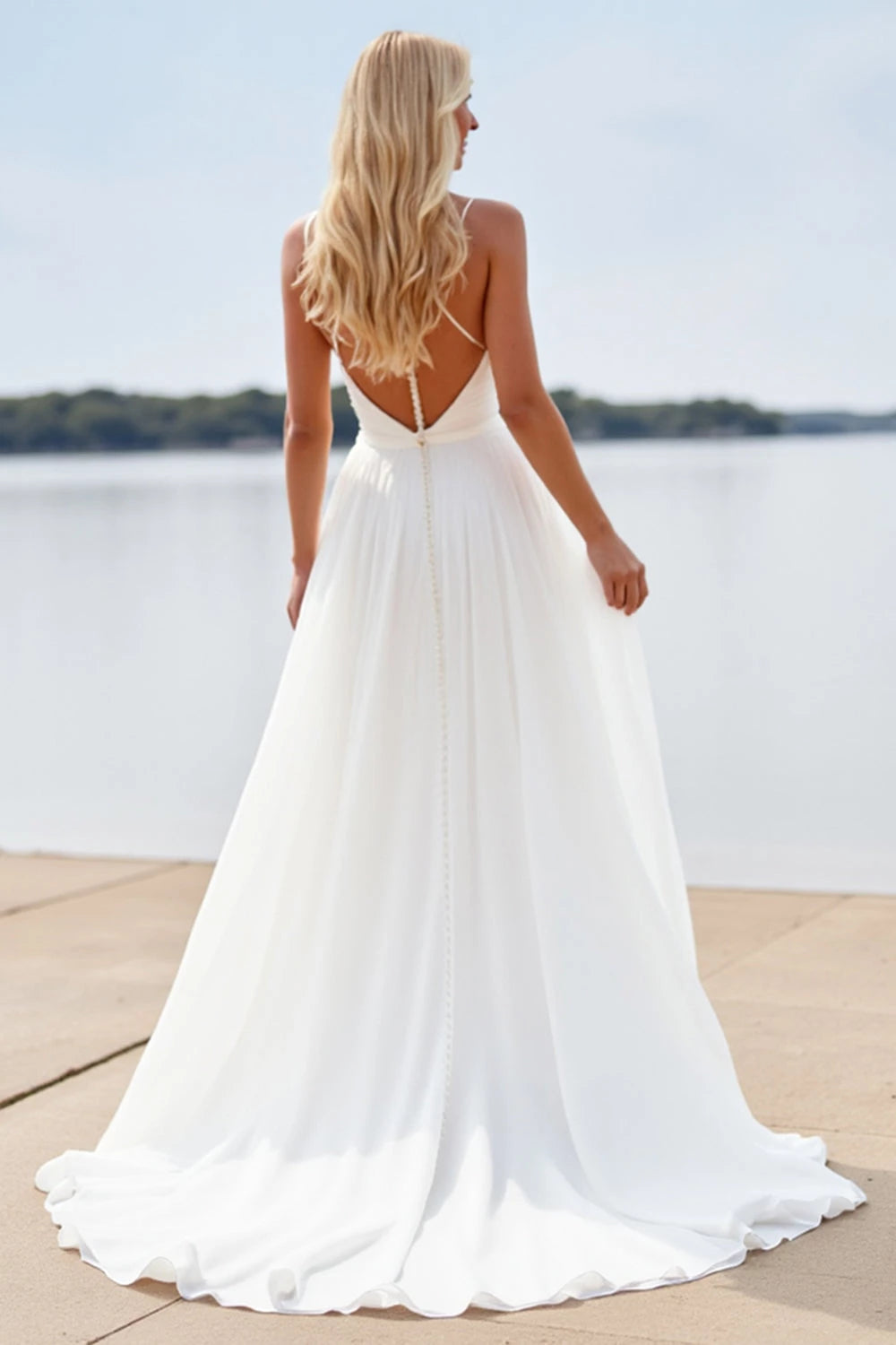 Enchanting A Line Deep V Neck Spaghetti Strap Lace Back Floor Length Wedding Dress