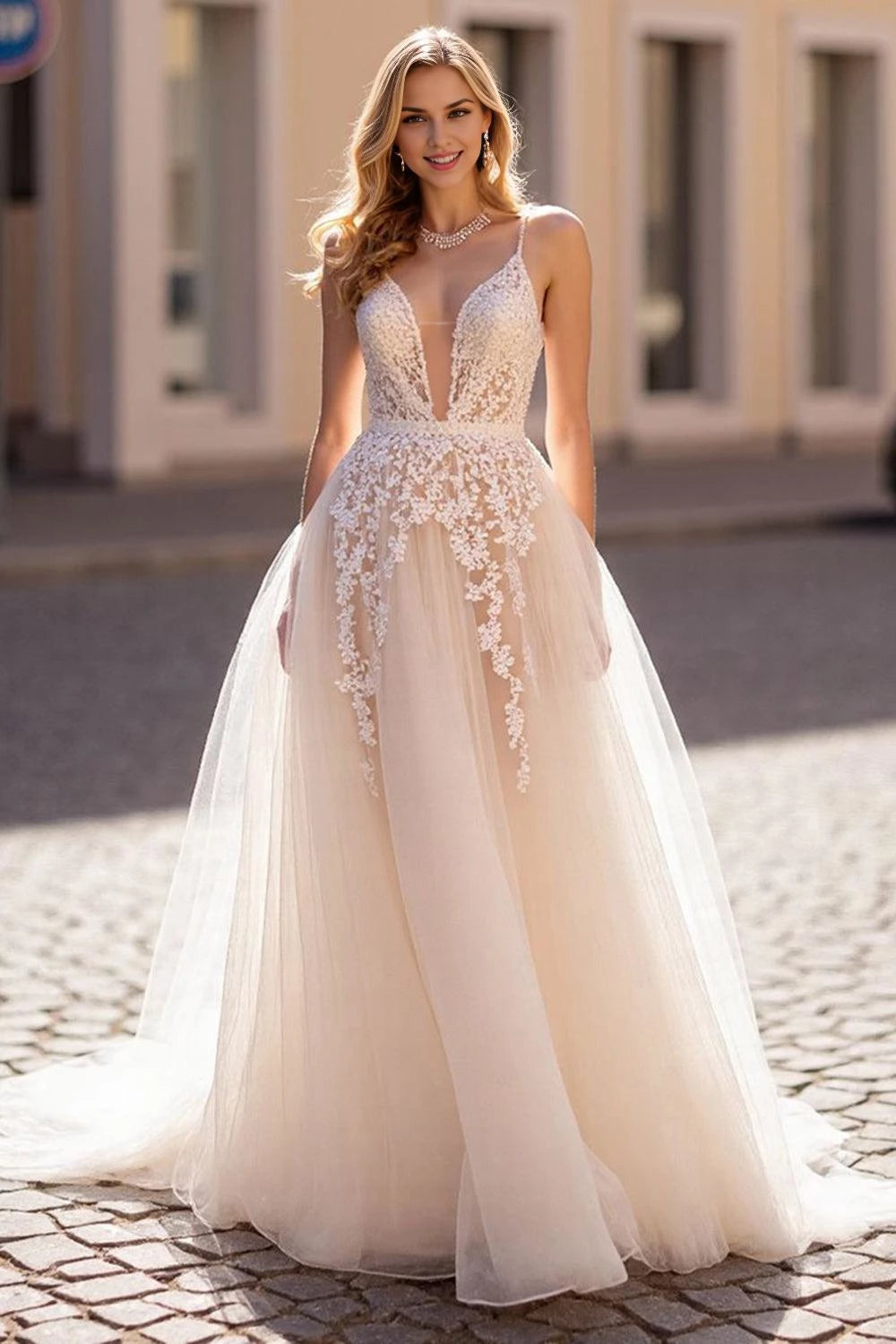 Enchanting A Line Deep V Neck Spaghetti Strap Lace Up Back Floor Length Wedding Dress