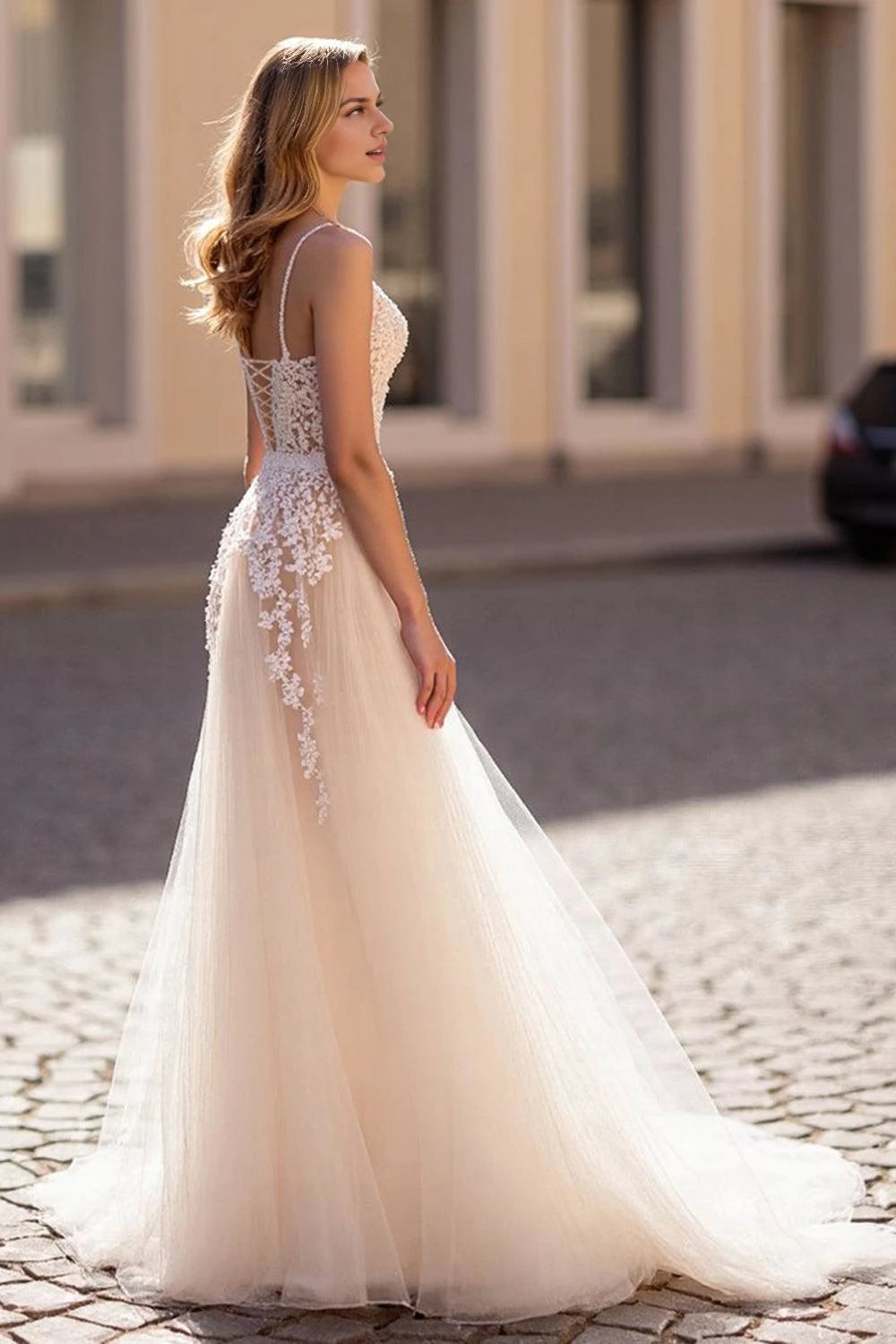 Enchanting A Line Deep V Neck Spaghetti Strap Lace Up Back Floor Length Wedding Dress