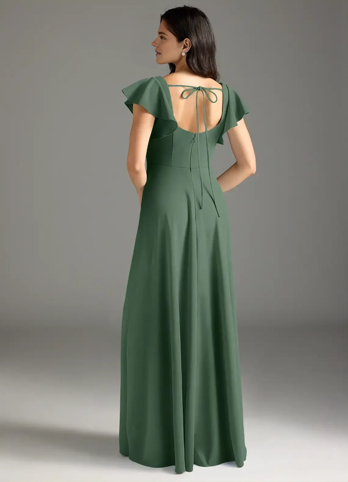 Enchanting A Line Square Neck Ruffled Sleeve Tie Back Floor Length Bridesmaid Dress