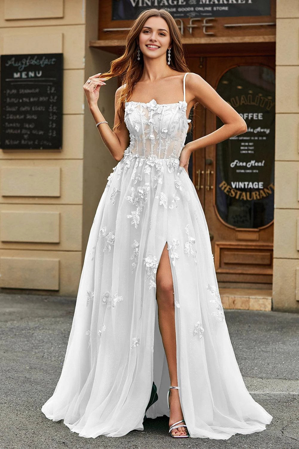 Enchanting A Line Square Neck Spaghetti Strap Lace Up Back Maxi Wedding Dress