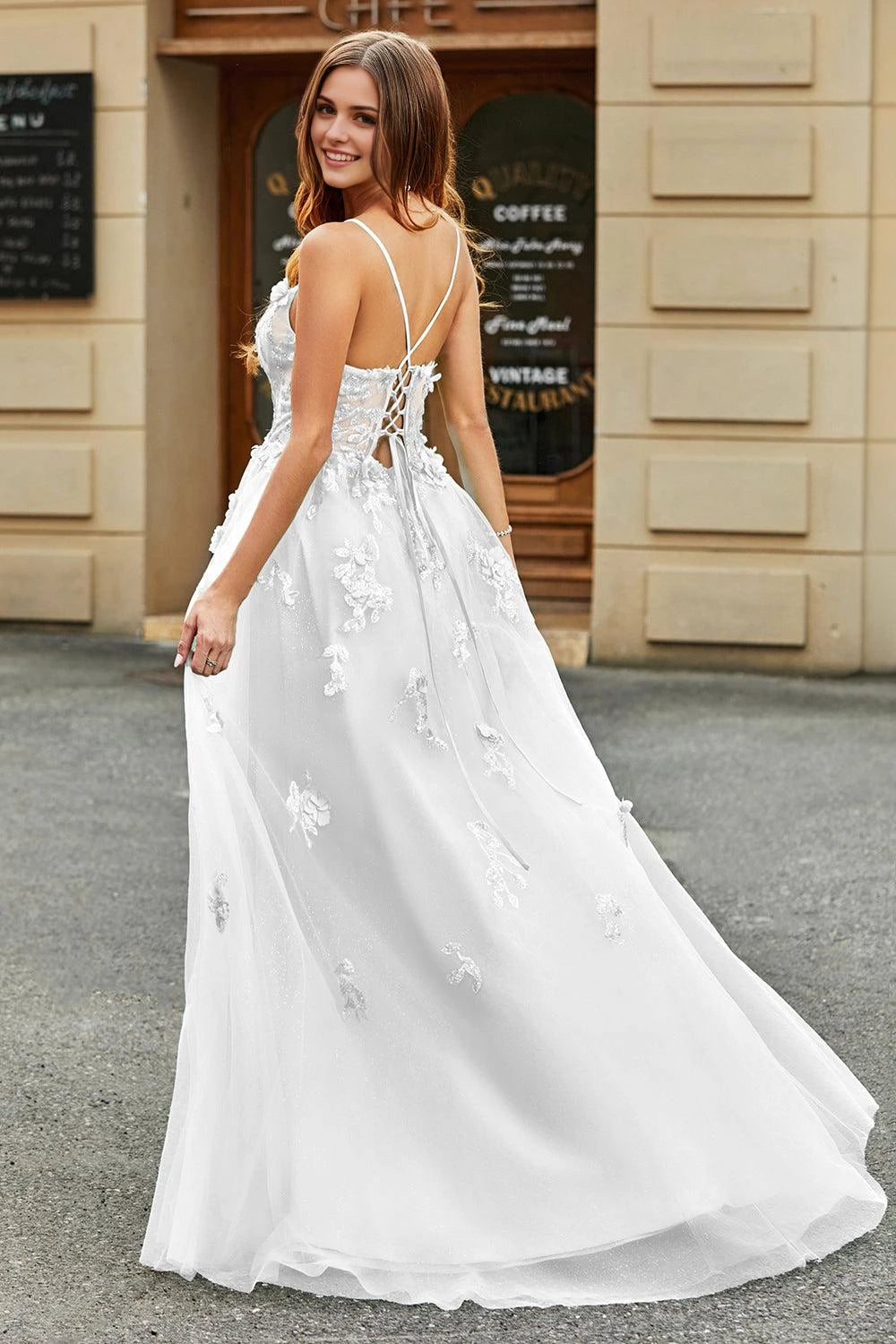 Enchanting A Line Square Neck Spaghetti Strap Lace Up Back Maxi Wedding Dress