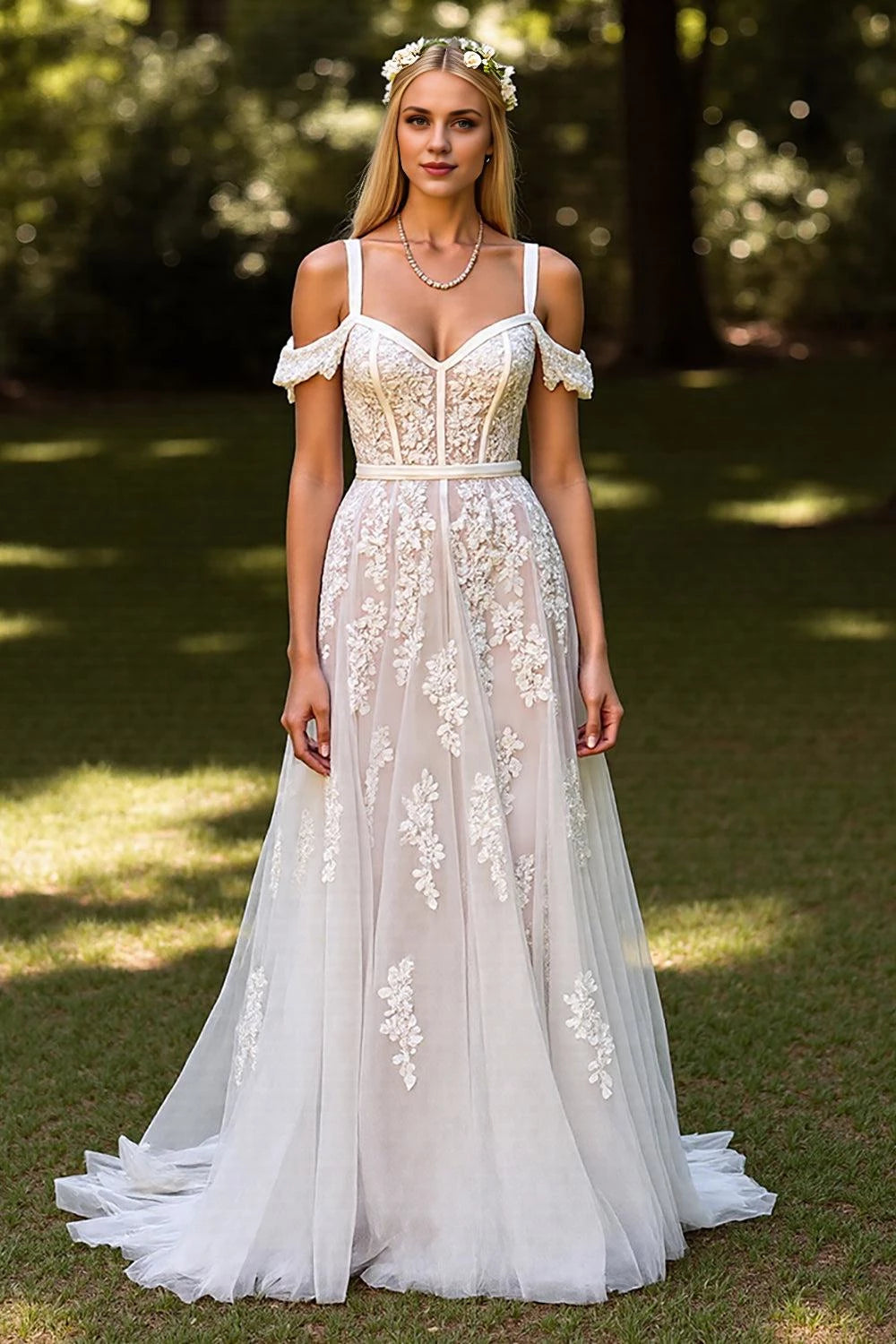 Enchanting A Line Sweetheart Neck Cold Shoulder Sleeve Open Back Floor Length Wedding Dress